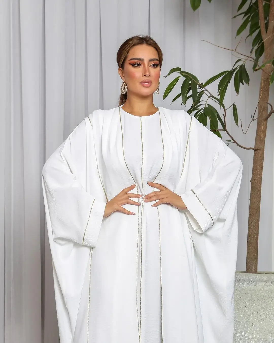 2 Piece White Kimono Abaya with Slip Inner Dress Matching Set