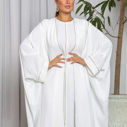 2 Piece White Kimono Abaya with Slip Inner Dress Matching Set