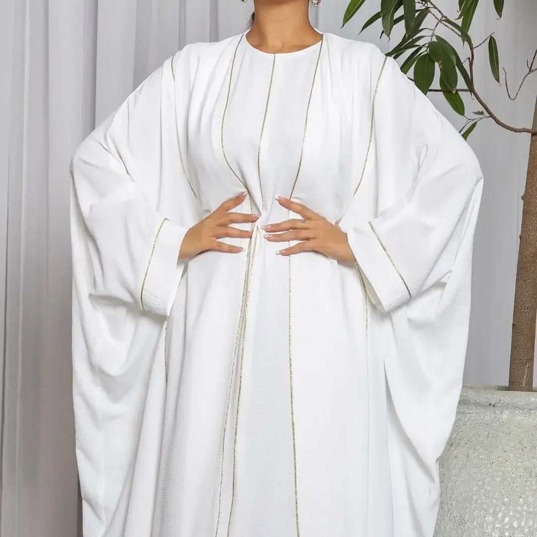 2 Piece White Kimono Abaya with Slip Inner Dress Matching Set